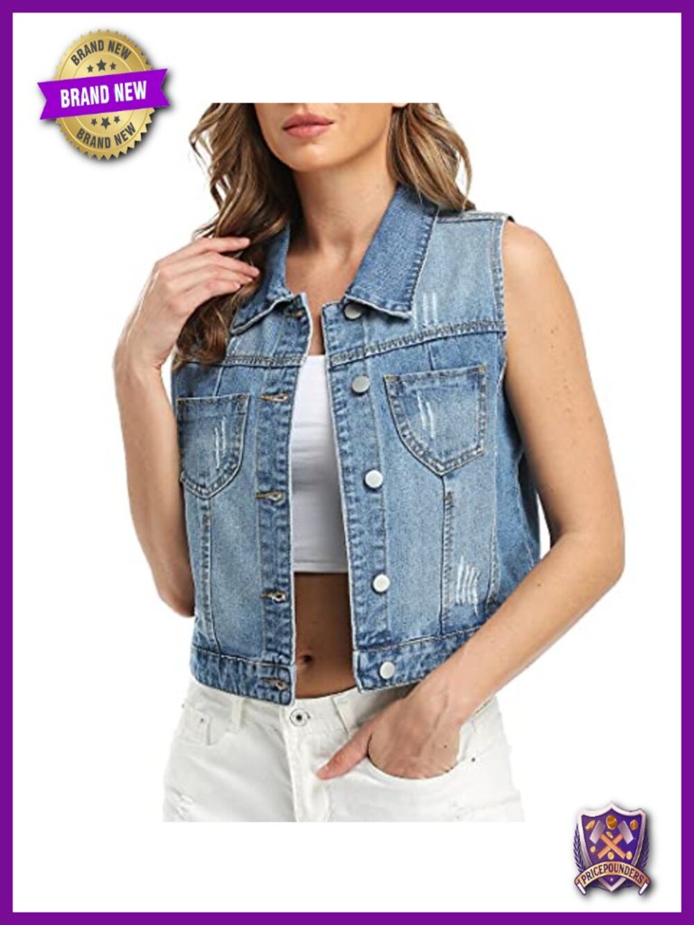 Denim Jean Vest Cropped Distressed Sleeveless Classic Spread Collar